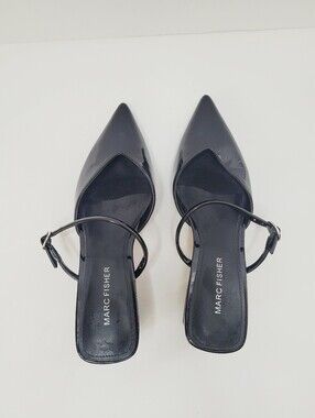 Marc Fisher Lakey Heeled Mule Pumps Women's Black Patent Pointy Toe Block Heel